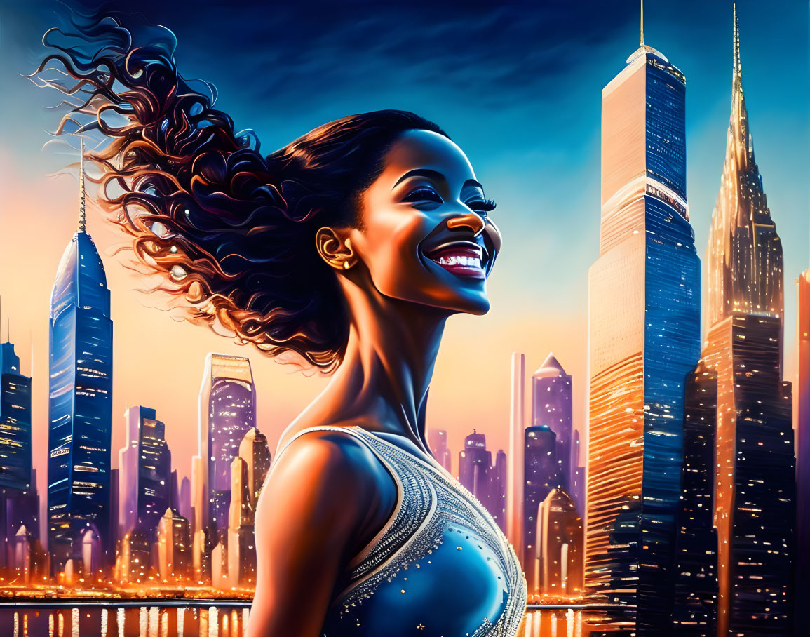 Joyful woman with flowing hair in front of vibrant cityscape at dusk