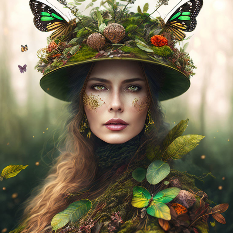 Woman wearing nature-themed hat with butterflies, leaves, and flowers, embodying forest-inspired look