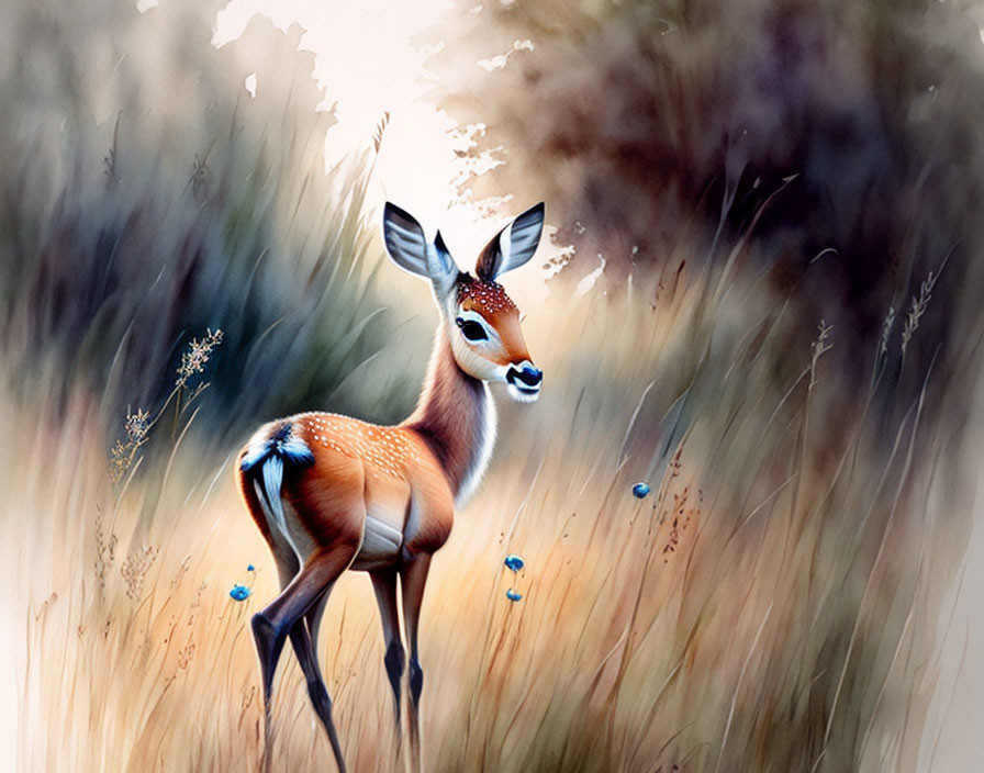 Young deer illustration with warm colors and blue butterflies on blurred background