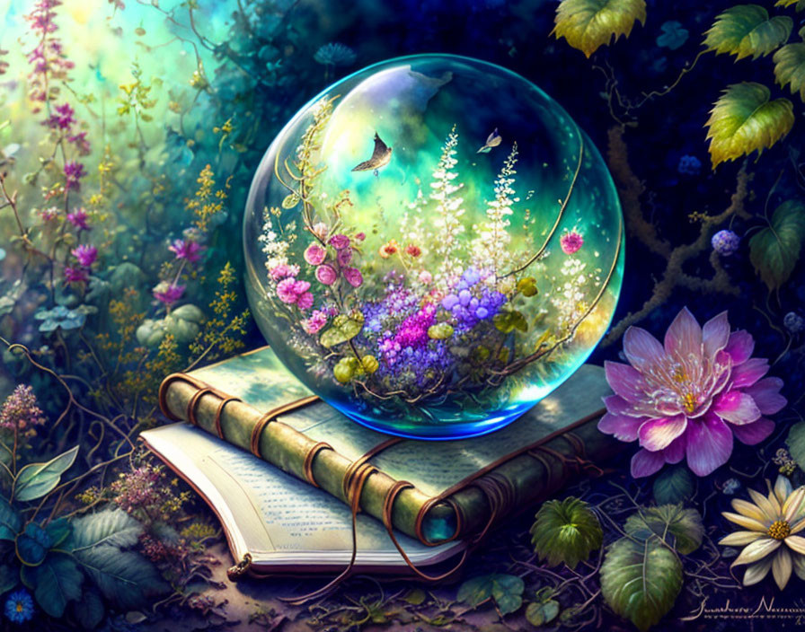 Colorful crystal ball with miniature world and flowers, open scroll nearby