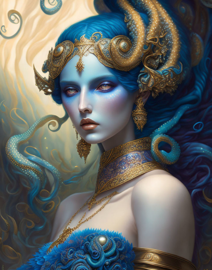 Blue-skinned woman with gold headpiece and jewelry in fantasy portrait