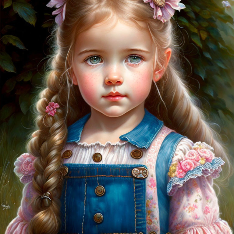 Realistic illustration of young girl with blue eyes and braided hair in denim dress with floral sleeves