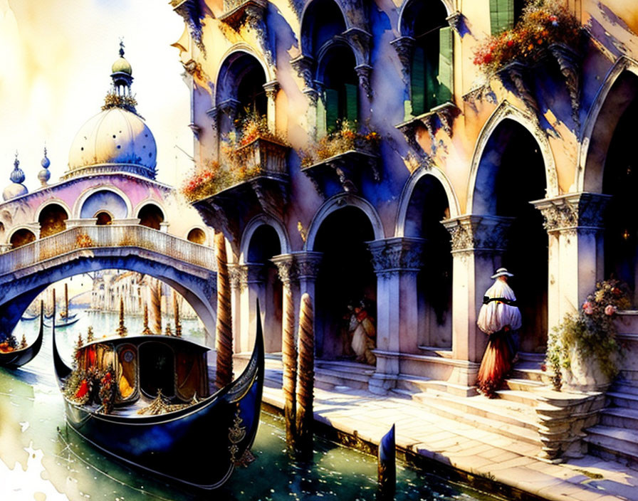 Vibrant Venetian Canal Illustration with Gondola & Ornate Buildings