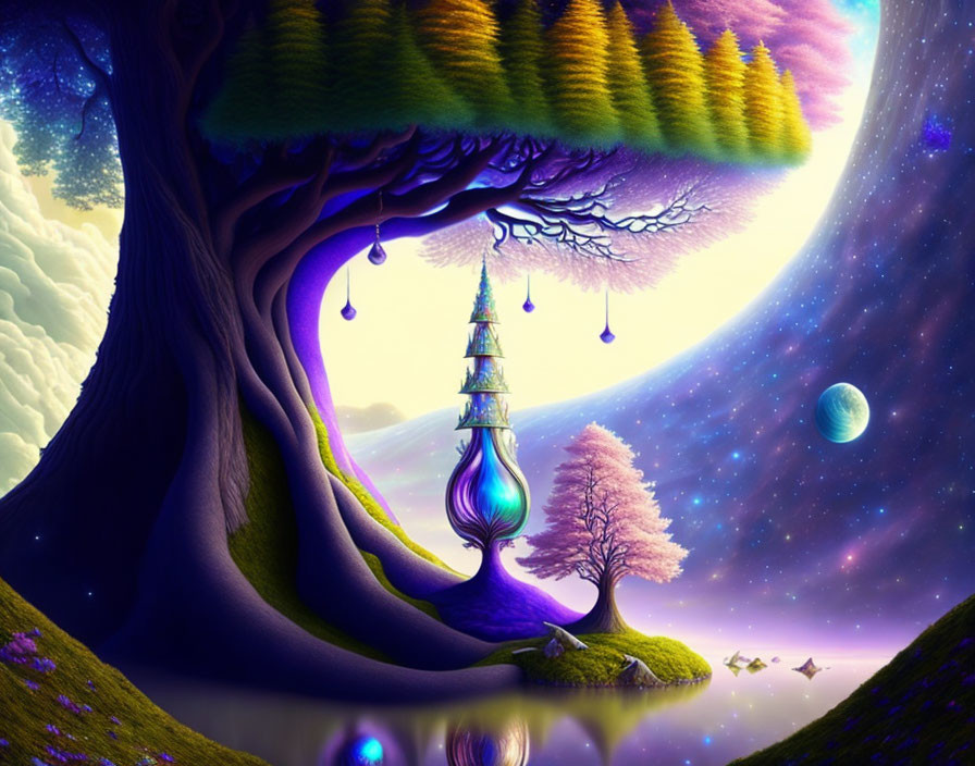 Fantasy landscape with whimsical trees, glowing orbs, starry sky