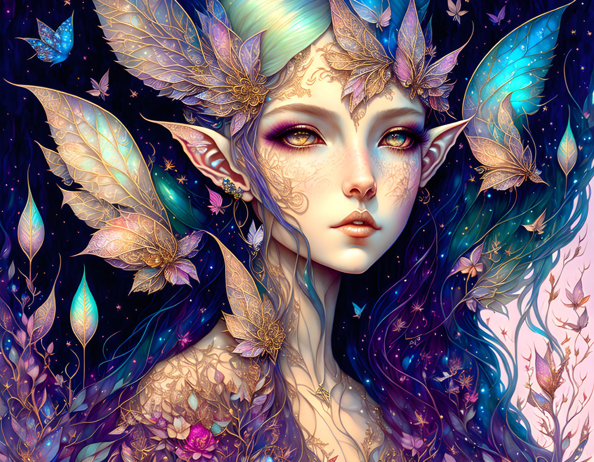 Fantasy elf surrounded by colorful butterflies and leafy adornments