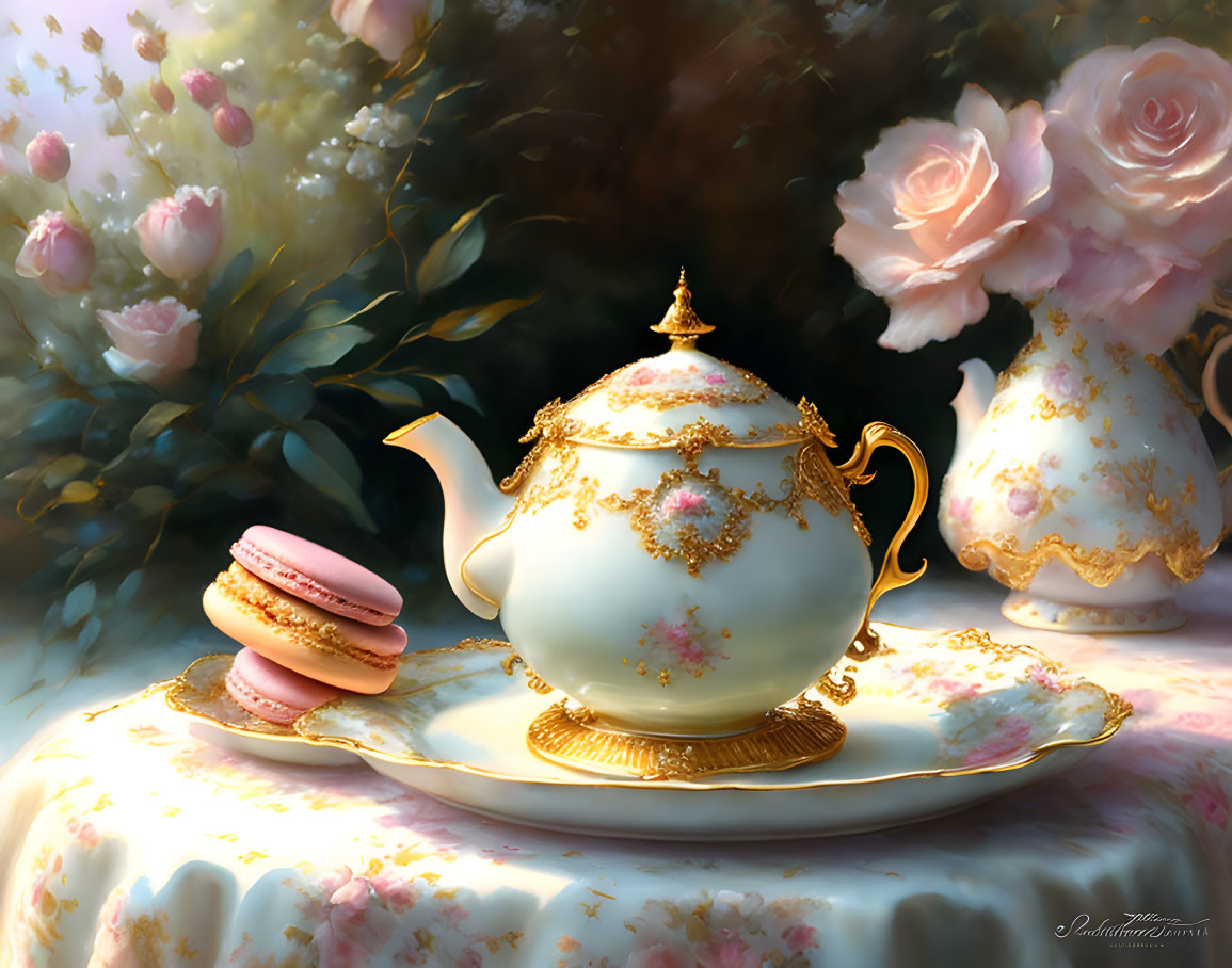 Porcelain teapot with gold trim, pink macaron, cup, and roses on floral tablecloth