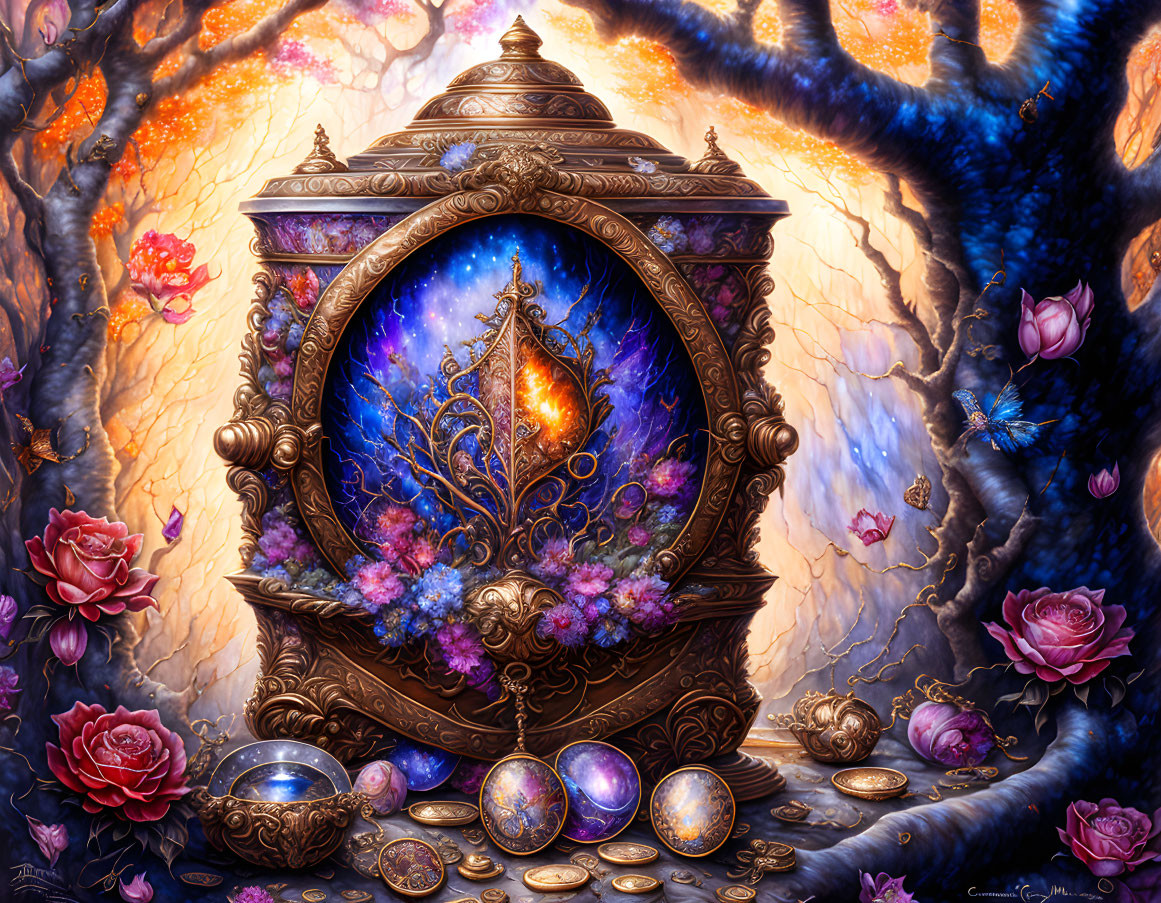 Enchanted forest scene with magical gateway and glowing trees