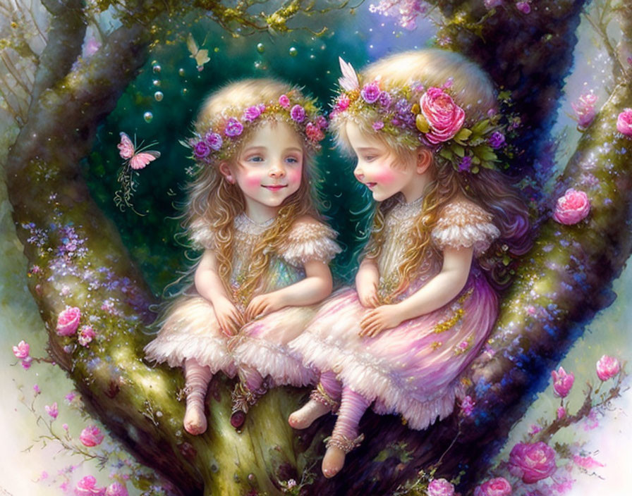 Young girls with floral crowns in enchanted forest with blossoms and butterflies