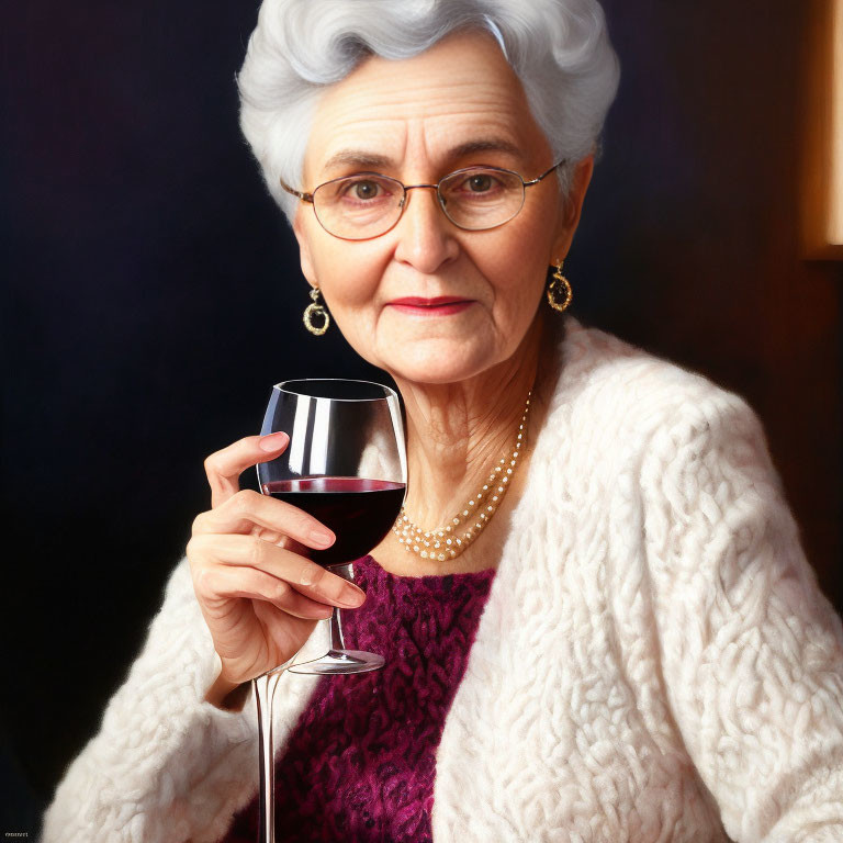 Elderly Woman in White Cardigan with Glass of Red Wine