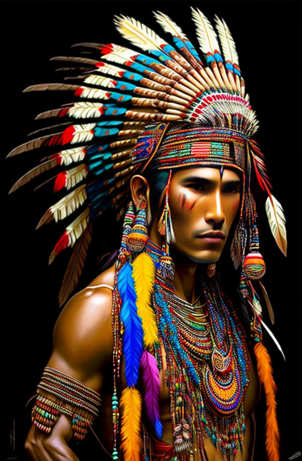 Elaborate Native American headdress with vibrant feathers and tribal makeup