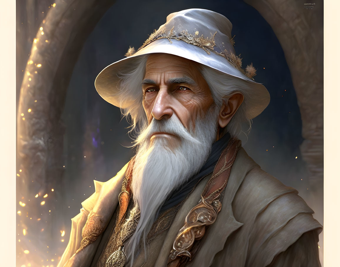 Elderly wizard with long white beard, star-adorned hat, and intricate cloak gazes