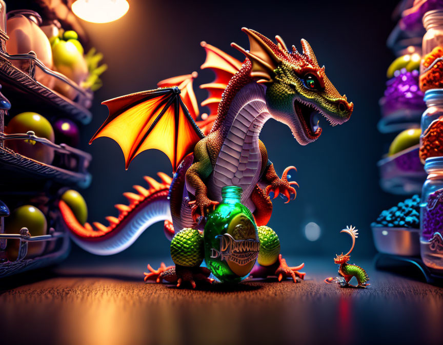 Colorful Dragon Figurine with Fruit Baskets and Green Bottle