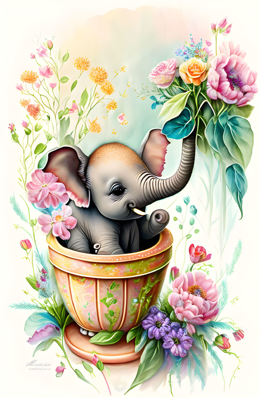 Adorable Baby Elephant in Flower Pot with Vibrant Flowers