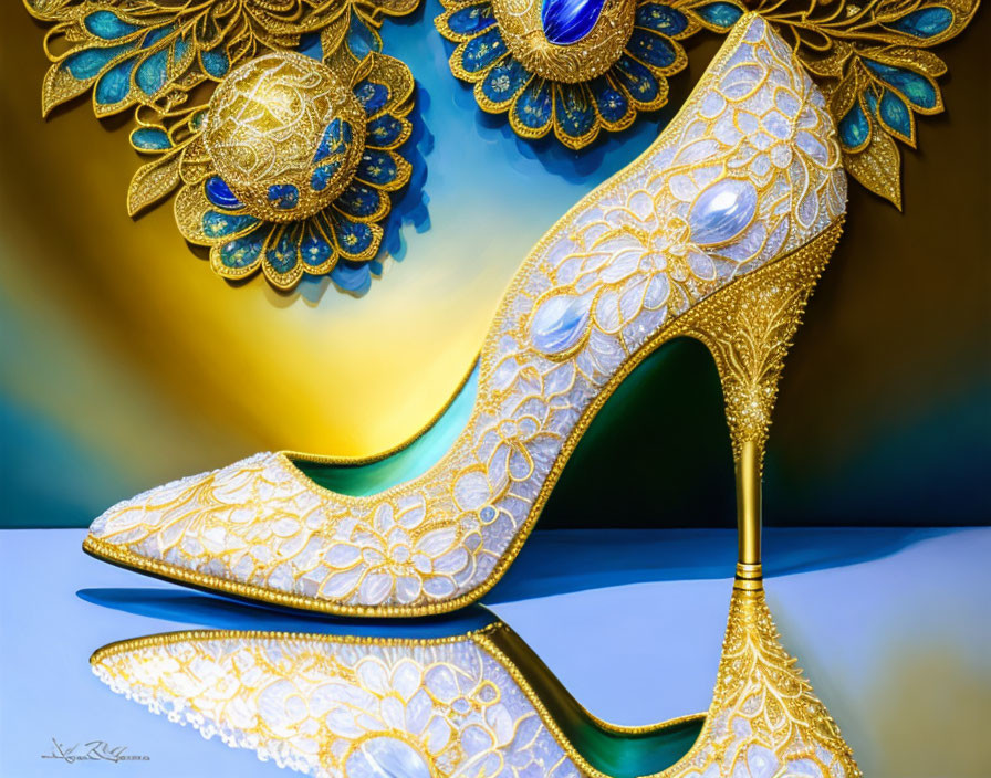 Golden high-heeled shoe with lace patterns and jewels paired with extravagant matching earrings on soft blue-yellow backdrop