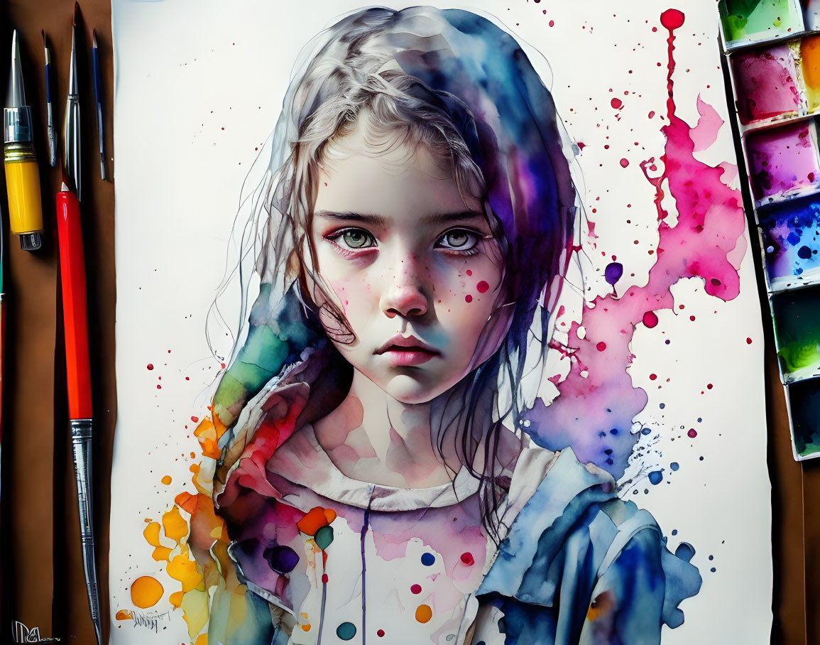 Colorful watercolor painting of a girl with soulful eyes surrounded by vibrant splatters.