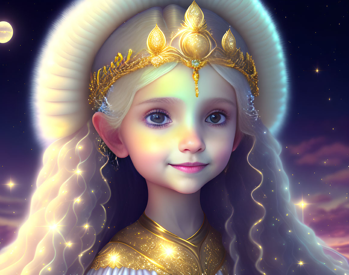 Young girl with golden hair in crown and robe under starry sky