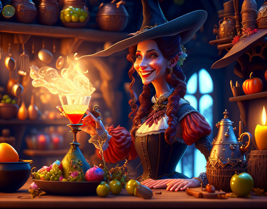 Smiling witch brewing potion at cozy wooden table