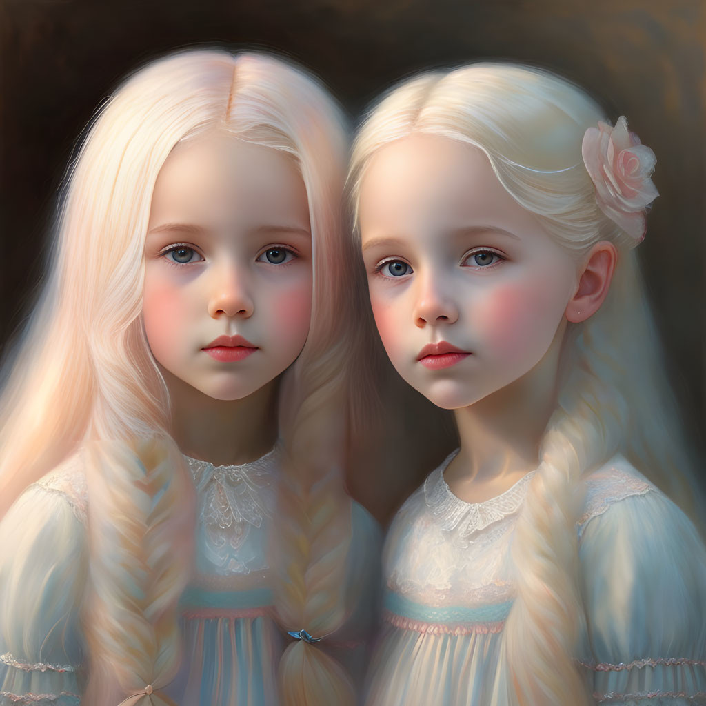 Identical girls in white dresses with pale blonde hair and blue eyes