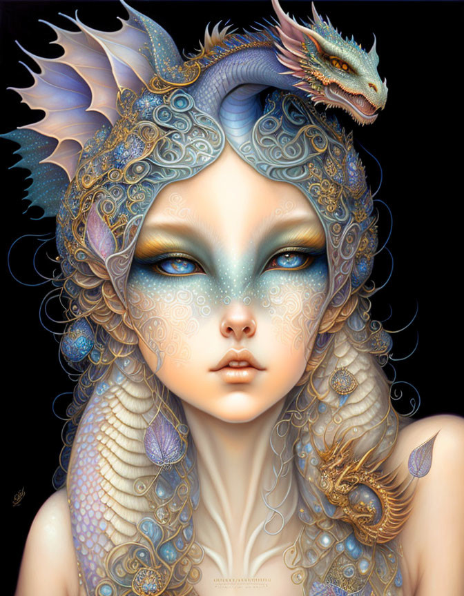 Fantasy illustration of woman with blue skin, tattoos, fish scales, and dragon headdress