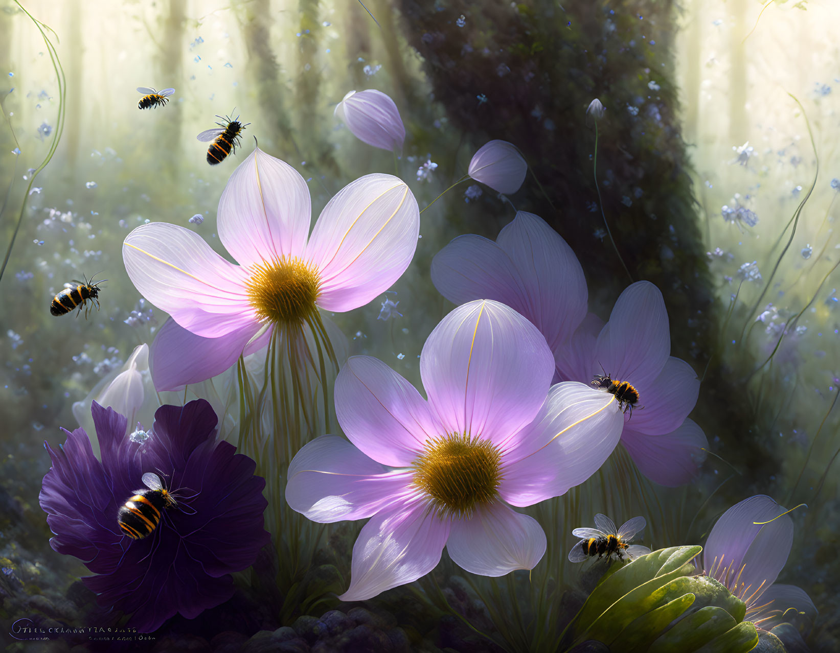 Tranquil forest scene with purple and pink flowers and bees