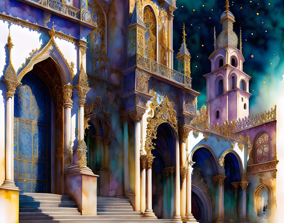 Fantasy palace with golden arches, towers, and twilight sky