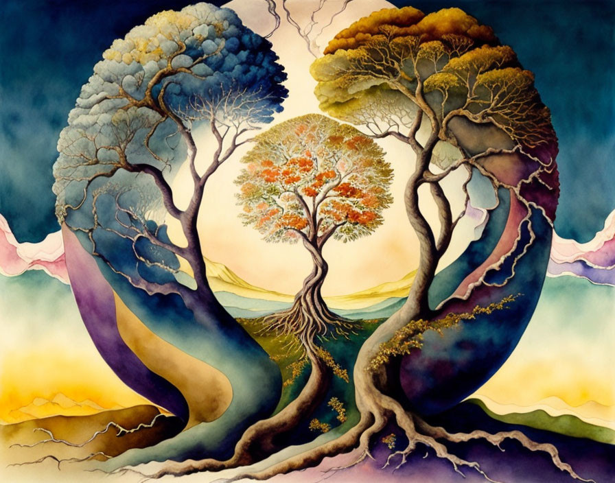 Vivid intertwined tree art against multicolored sky