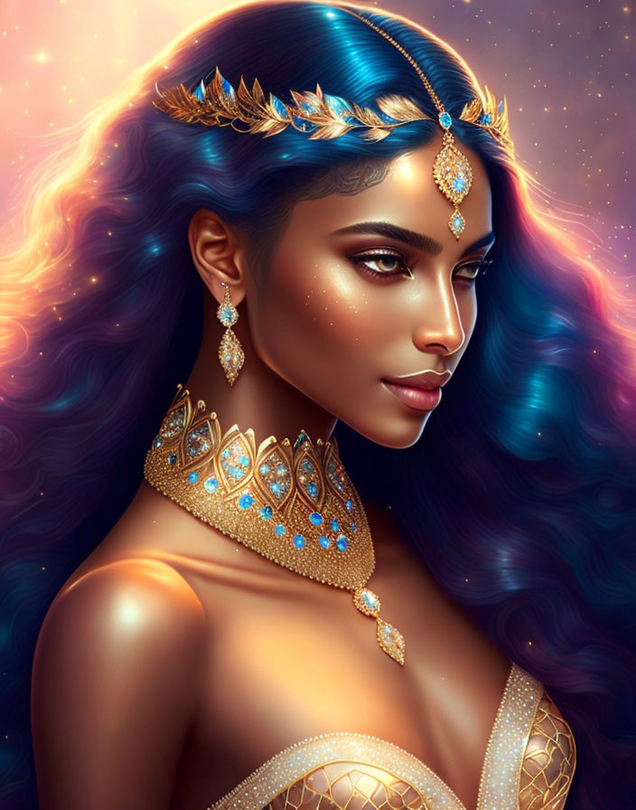 Digital artwork of a woman with blue-pink hair, golden leafy tiara, and gem jewelry