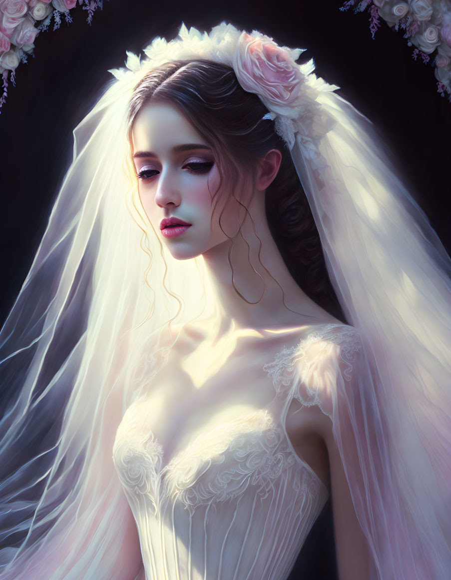 Bride in Veil and Floral Headpiece Poses Elegantly