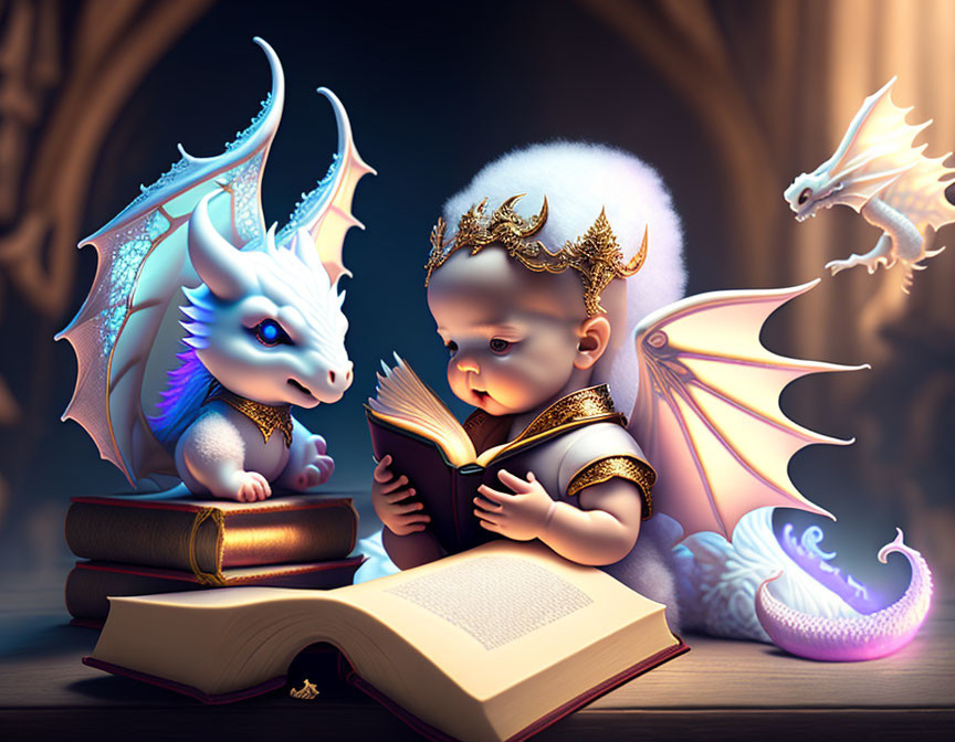 Regal baby reading book with colorful dragons in whimsical setting