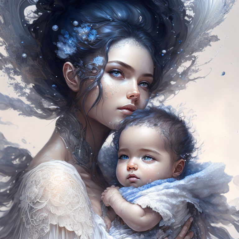 Ethereal woman with blue floral motifs holding baby in blue blanket