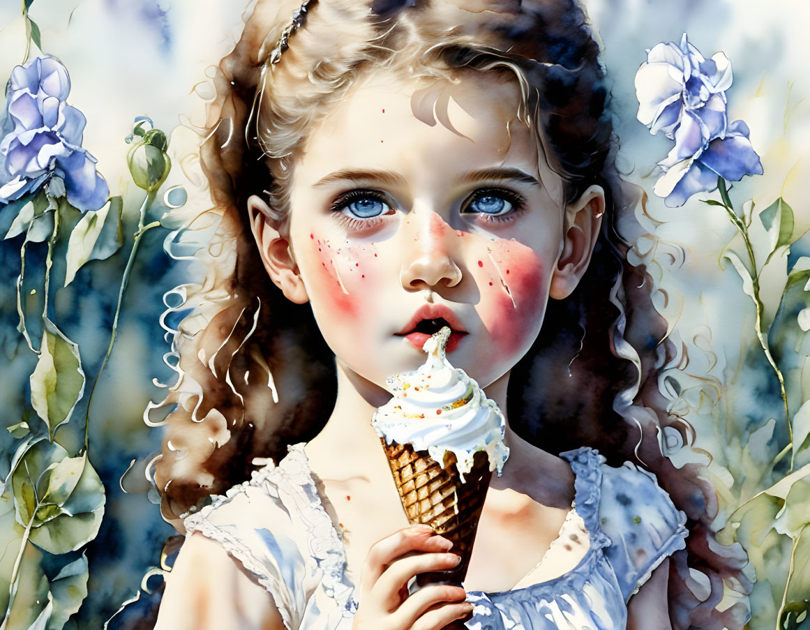 Curly-haired girl with ice cream cone among blue flowers in watercolor style