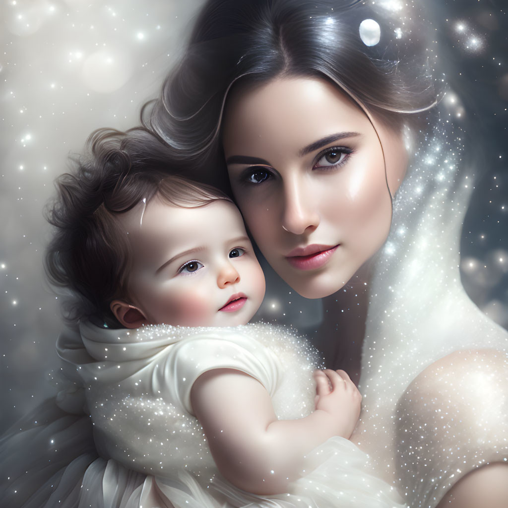 Pale woman holding baby in soft light on dark background