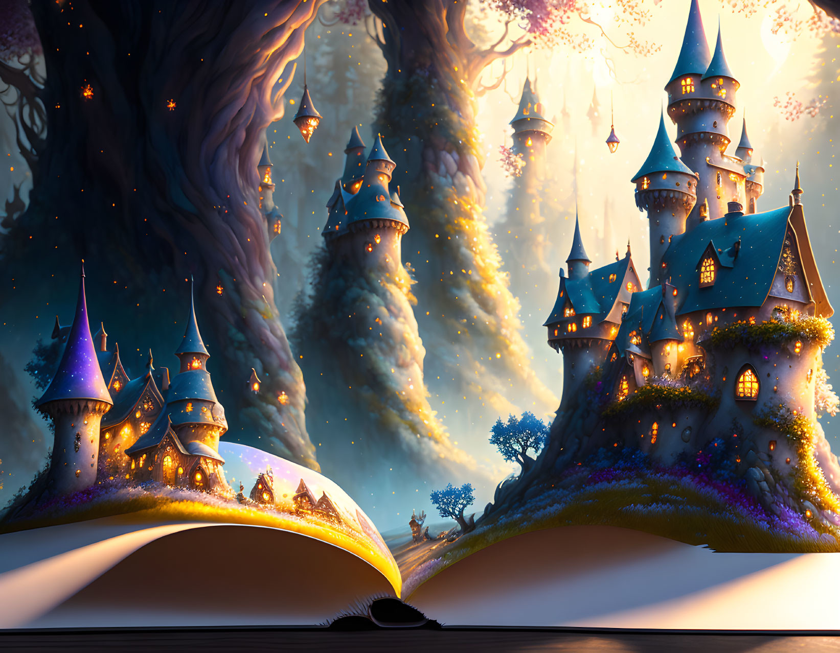 Open book pages transform into whimsical landscape with magical castles and sparkling lights