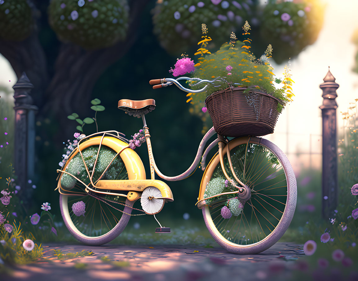 Yellow Bicycle with Flower-Filled Basket in Enchanting Garden