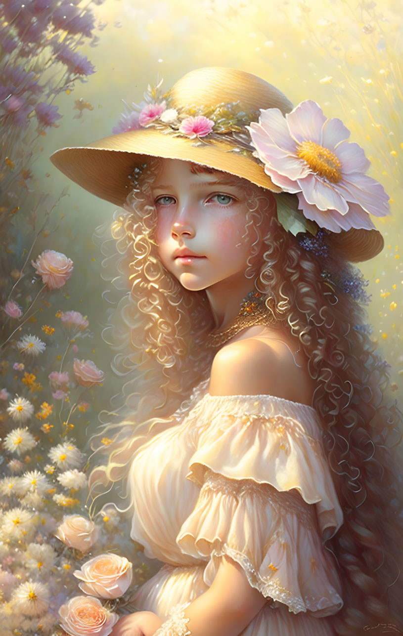 Curly-haired woman in off-shoulder dress and flower hat gazes against floral backdrop