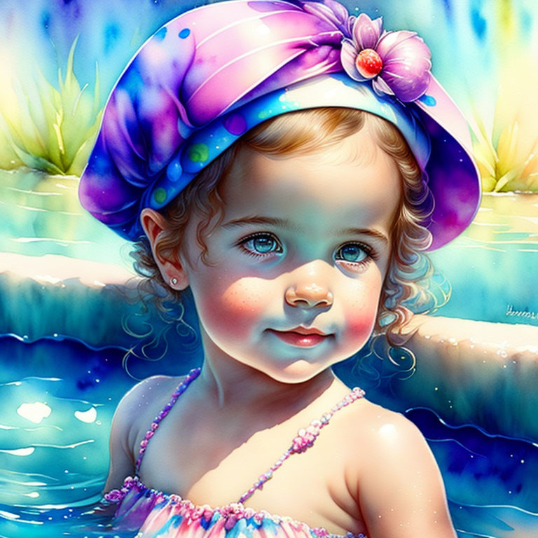 Young girl with big blue eyes in pink and blue hat by water under sunlight