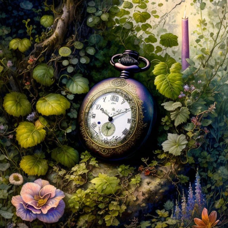 Vintage pocket watch surrounded by lush foliage and candlelight.