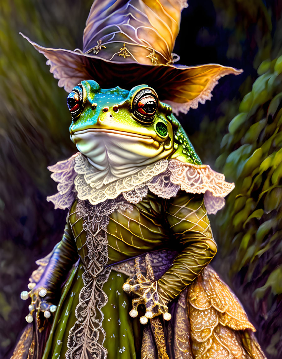 Elegant anthropomorphic frog in ornate period costume