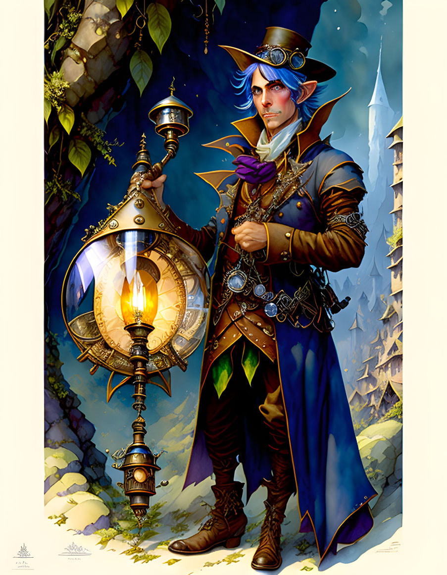 Blue-haired character with lantern in steampunk outfit against fantastical backdrop