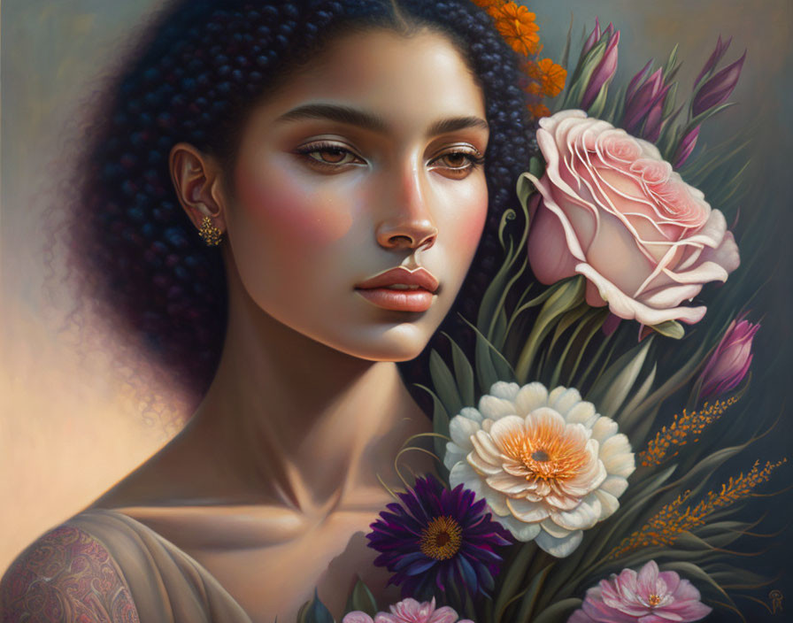 Woman with Curly Hair and Flowers in Soft Lighting