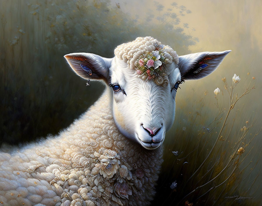 Serene sheep with flower crown in golden meadow