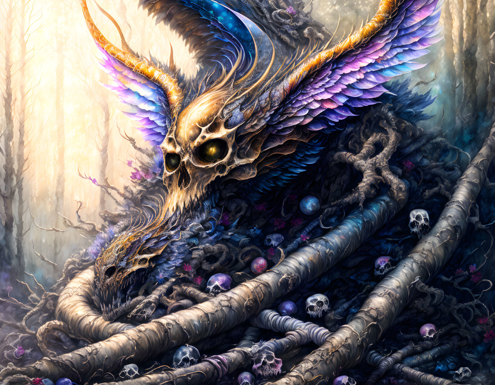 Golden-eyed dragon with violet-blue wings and antler-like horns on a treasure mound