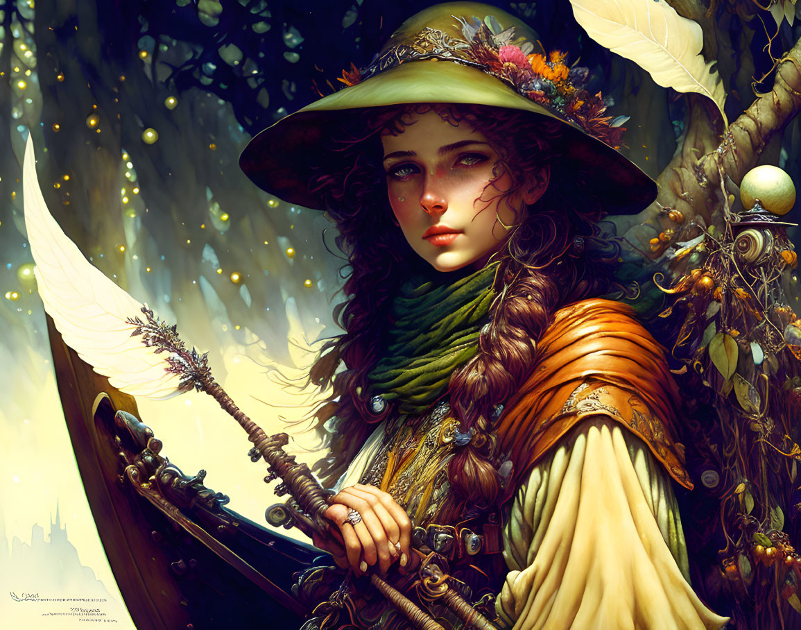 Fantasy woman digital art illustration with wide-brimmed hat and staff