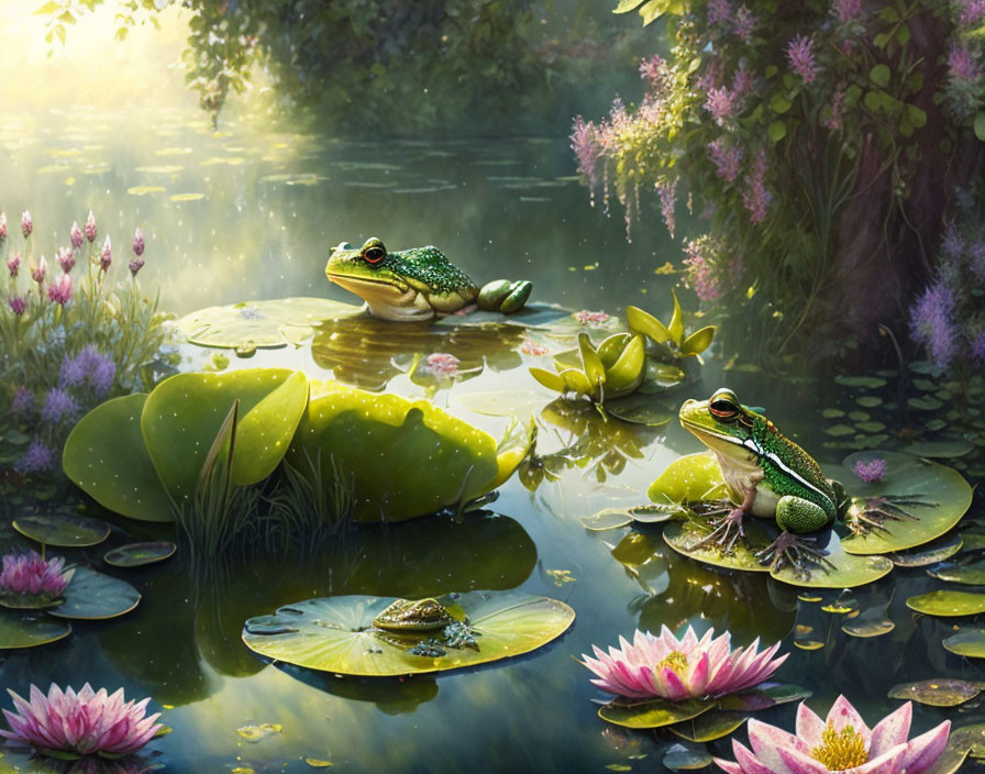 Three frogs on lily pads in serene pond with blooming flowers