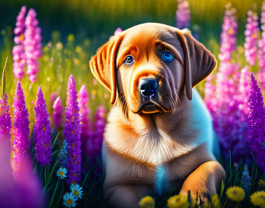 Brown Puppy with Blue Eyes Surrounded by Purple and Yellow Flowers