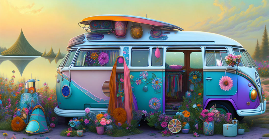 Vibrant hippie-style van with surfboard in sunset-lit scene