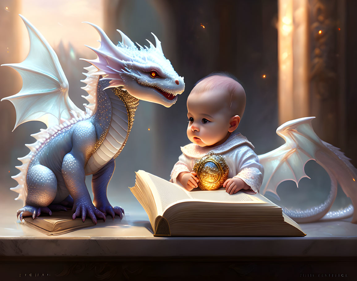 Baby and white dragon with blue scales next to open book in soft light