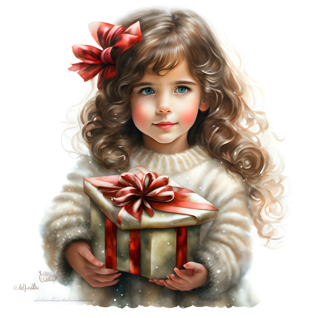 Young girl with curly brown hair and blue eyes holding a gift with red bow