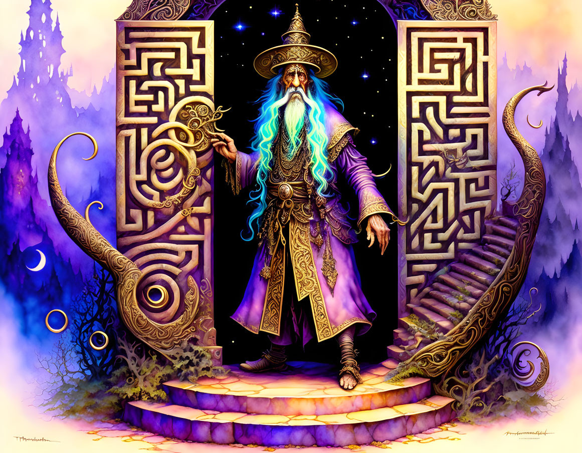 Blue-bearded wizard at ornate gate under starry sky with castle.