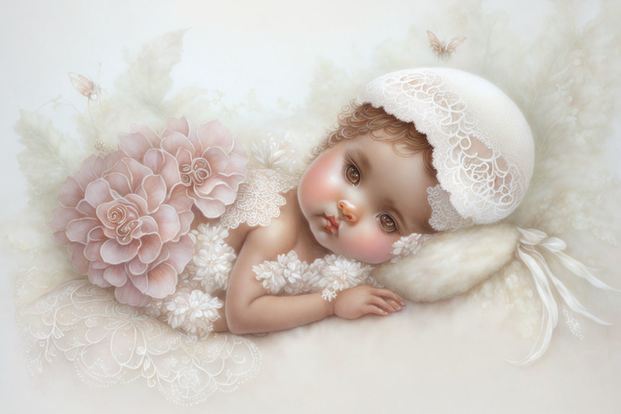 Digital painting of baby with big brown eyes in lace bonnet, surrounded by delicate flowers